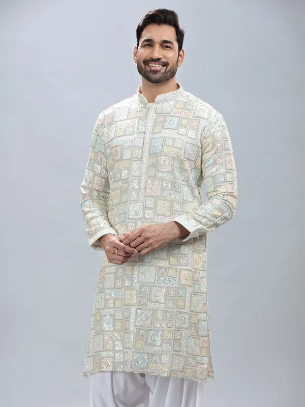 White georgette kurta pajama set for men