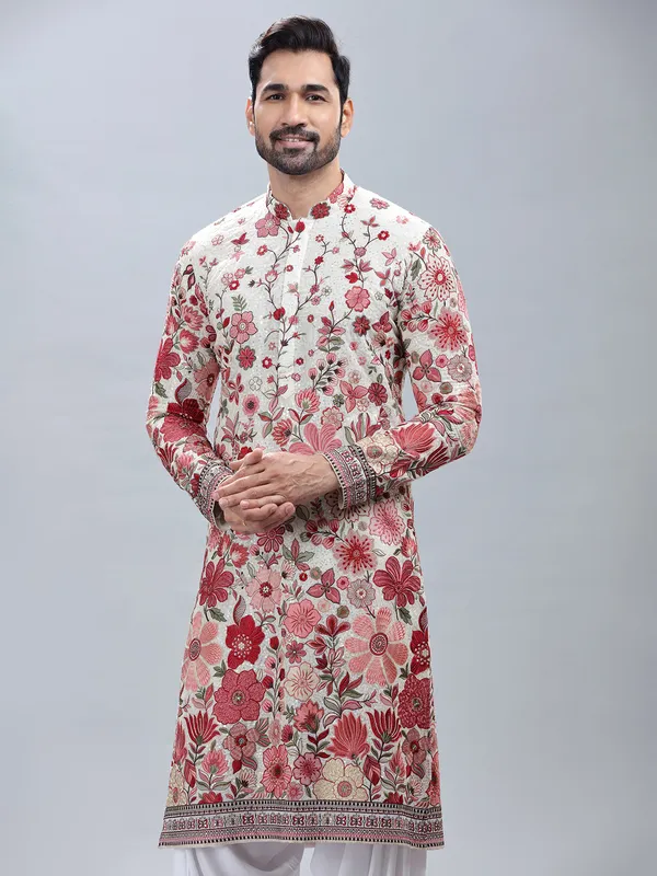 White georgette kurta set with multicolor embroidery