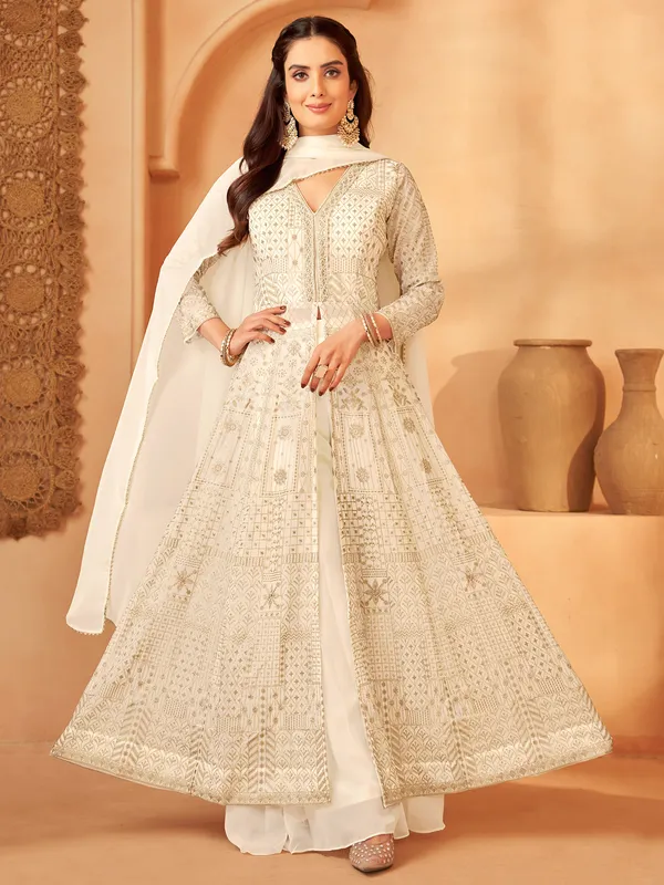 White georgette palazzo suit with embroidery for women
