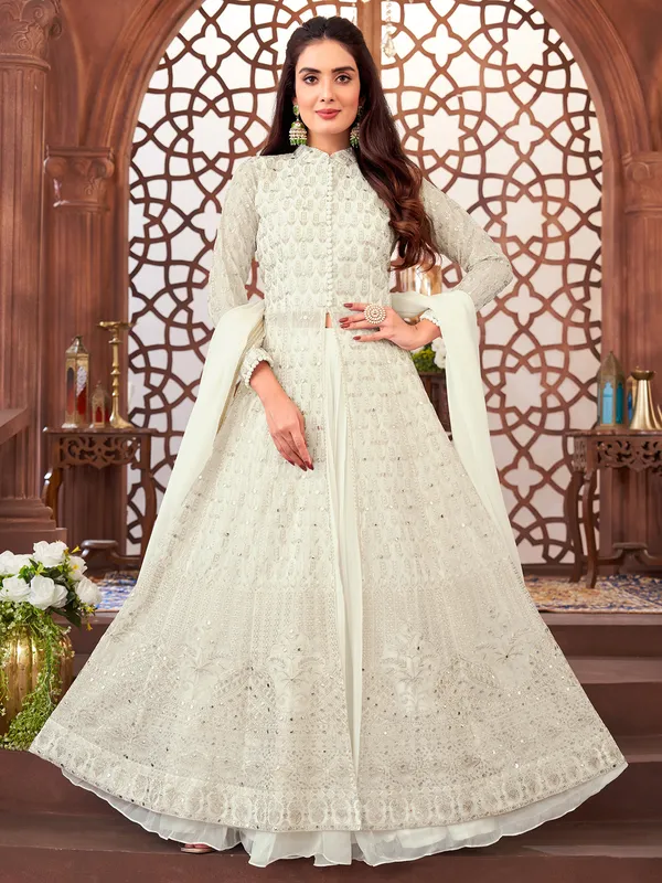White georgette palazzo suit with resham work