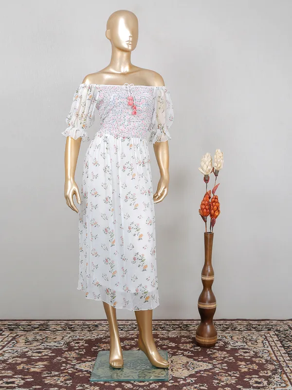 White georgette printed dress for casual