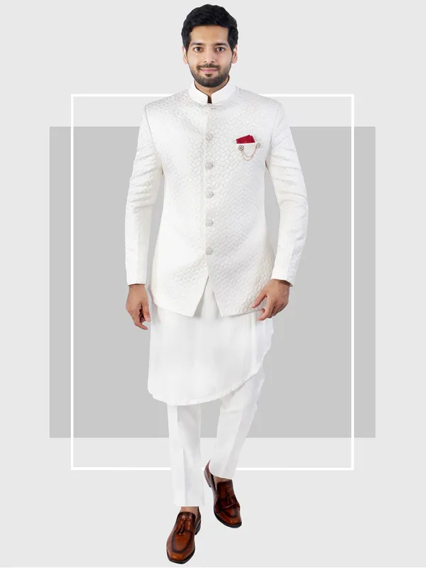 White hued wedding wear jacquard indowestern for men