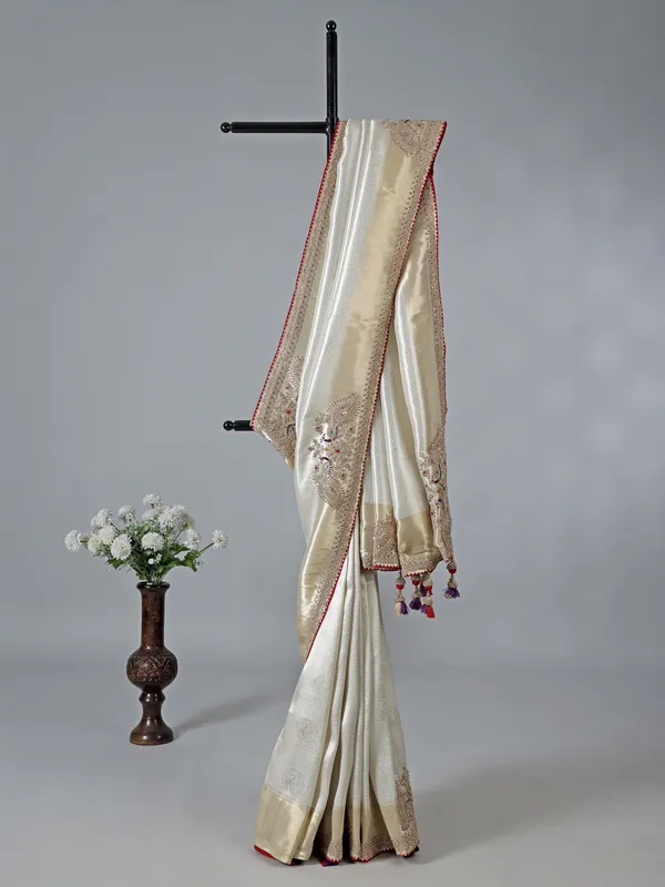 White lama tissue silk gota work saree