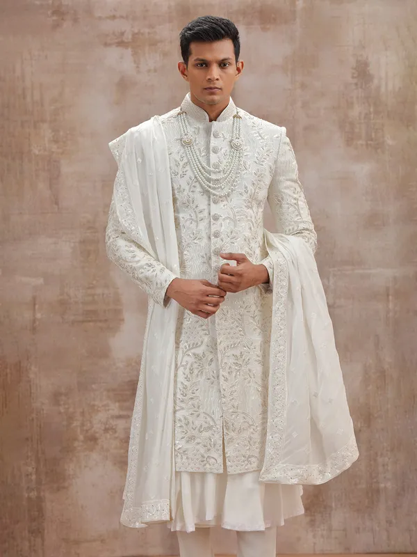 White lucknowi georgette peshwai sherwani with dupatta