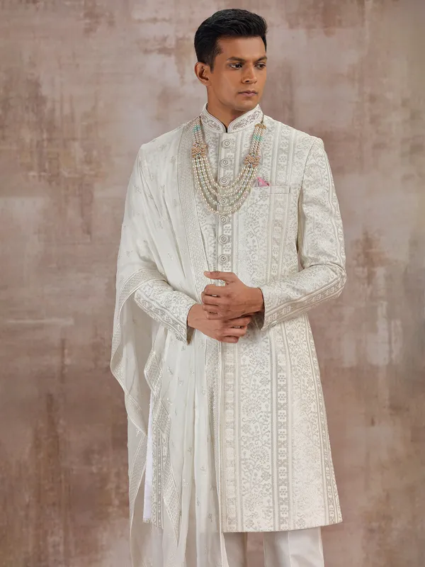 White lucknowi georgette sherwani with dupatta