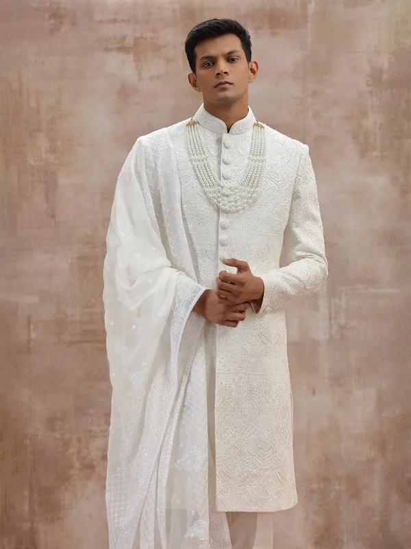 White lucknowi georgette sherwani with dupatta wedding outfit