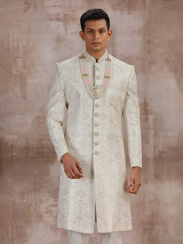 White lucknowi georgette wedding sherwani for groom