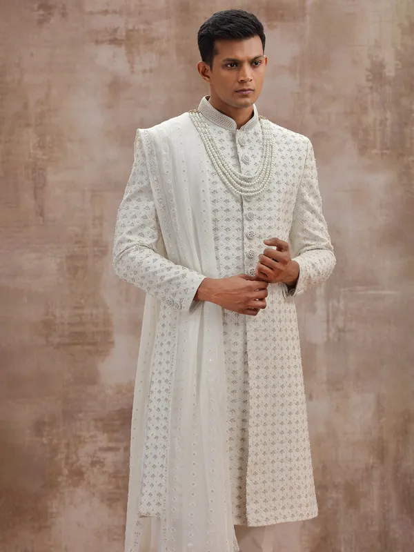 White lucknowi georgette wedding sherwani with dupatta