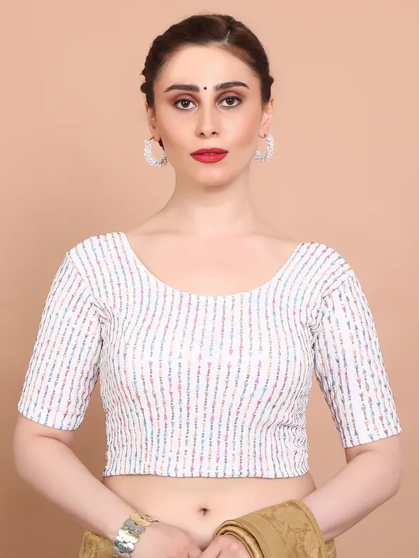 White lycra embroidered ready made blouse