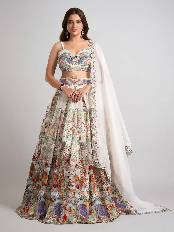 White net stone work lehenga choli with dupatta