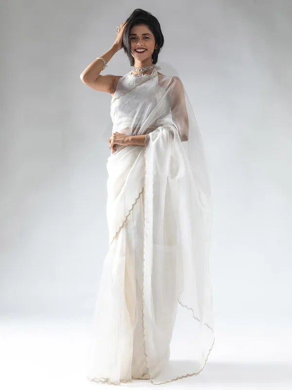 White organza saree with ready made blouse