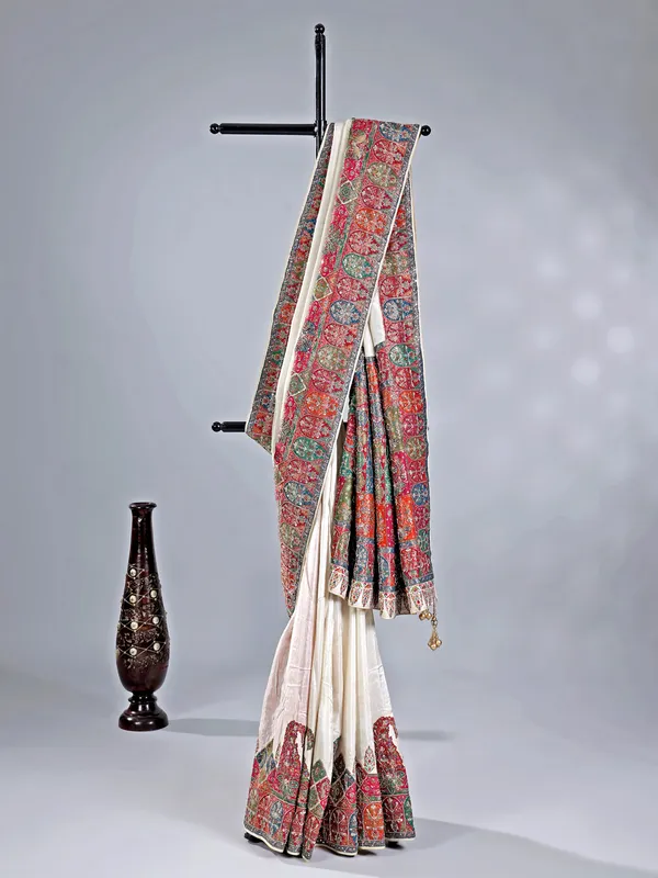 White pashmina silk saree with embellishments