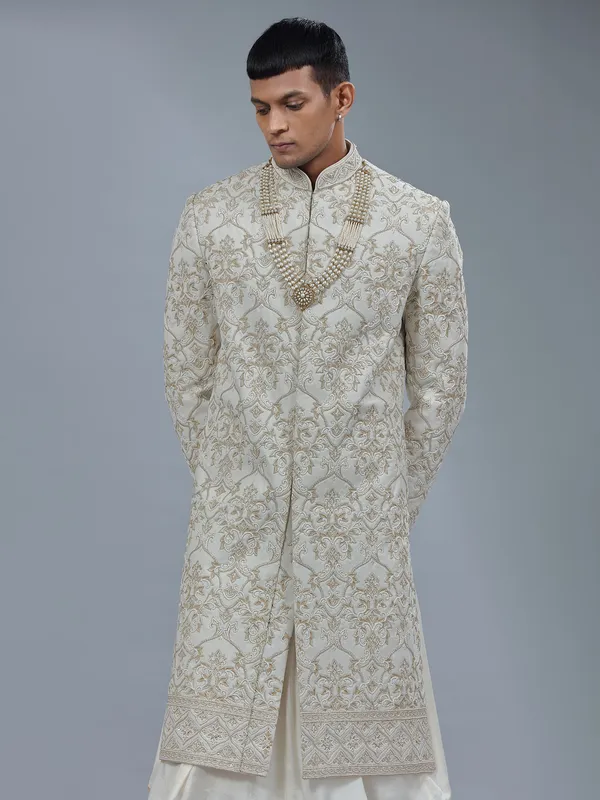 White peshwai silk shewani for groomsman