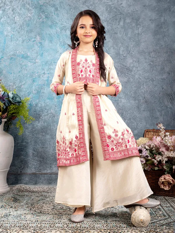 White pink silk jacket palazzo salwar suit set