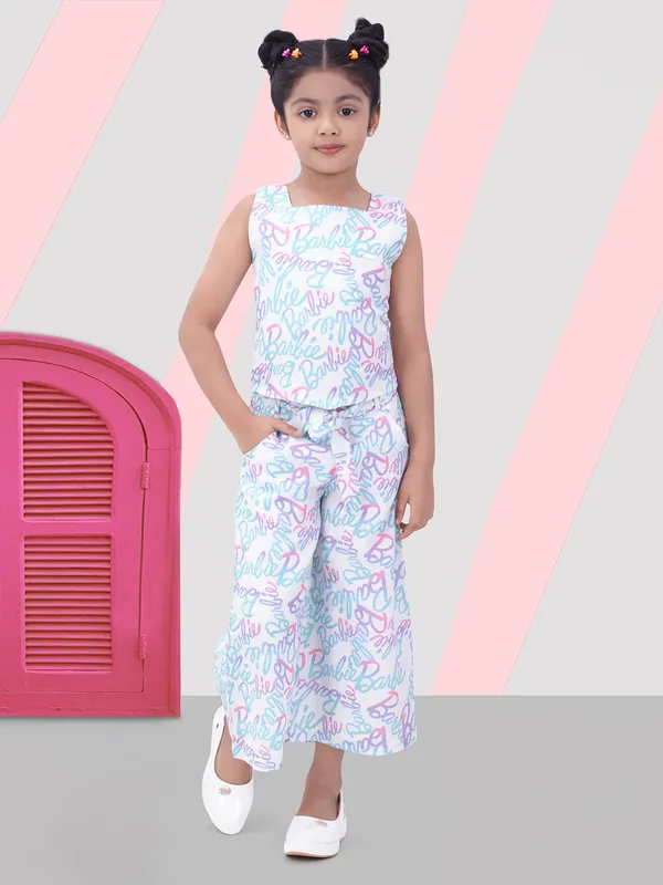 White printed cotton co-ord set palazzo type bottom