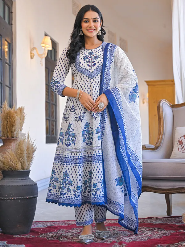 White printed cotton kurti set for festive