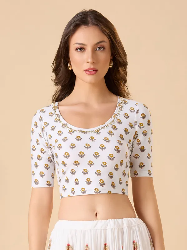 White printed cotton lycra ready made blouse