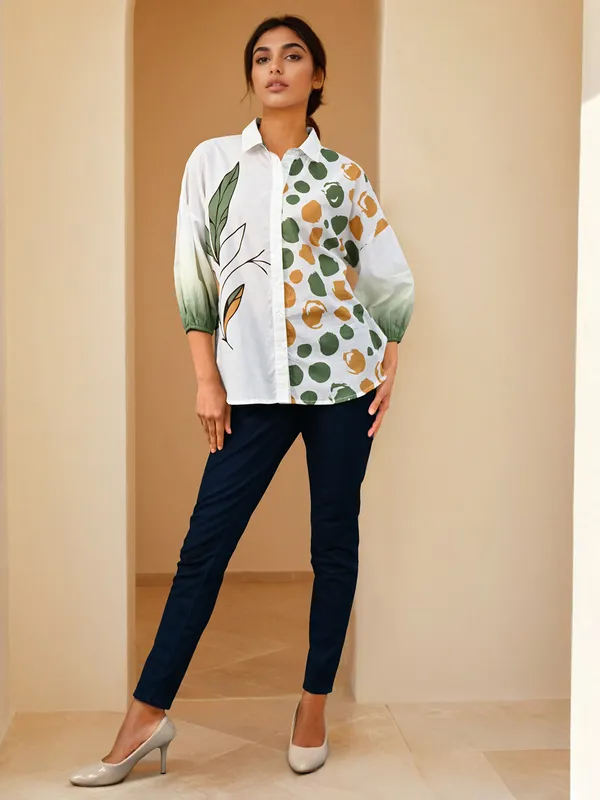 White printed cotton shirt for women