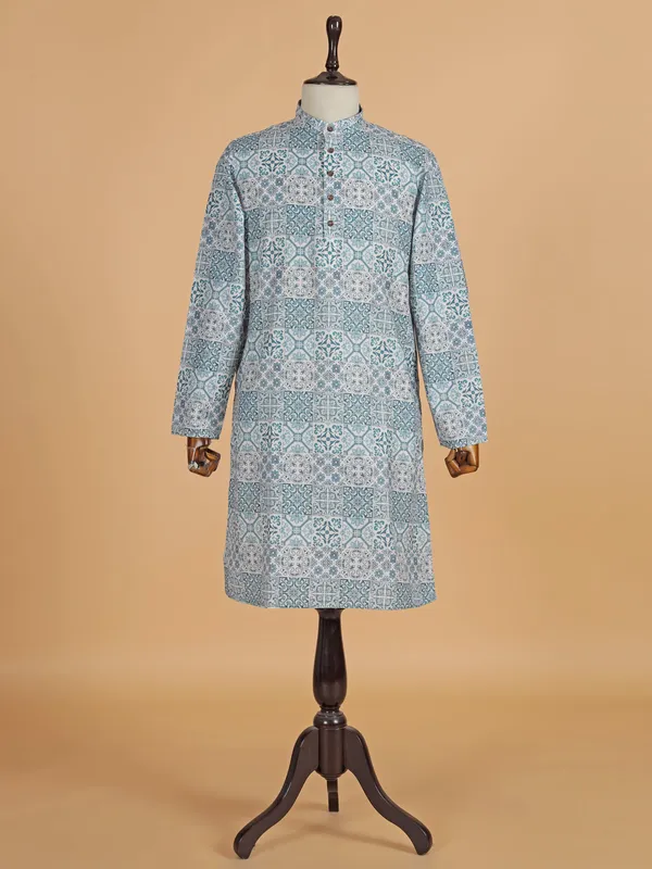 White printed cotton silk kurta suit for festive