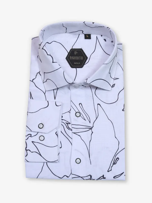 White printed cotton slim fit party shirt