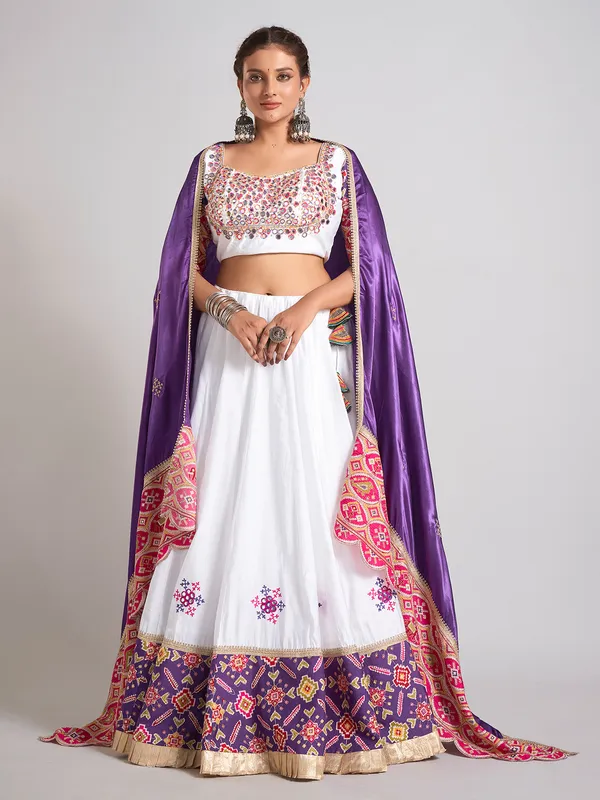 White printed silk chaniya choli for navratri