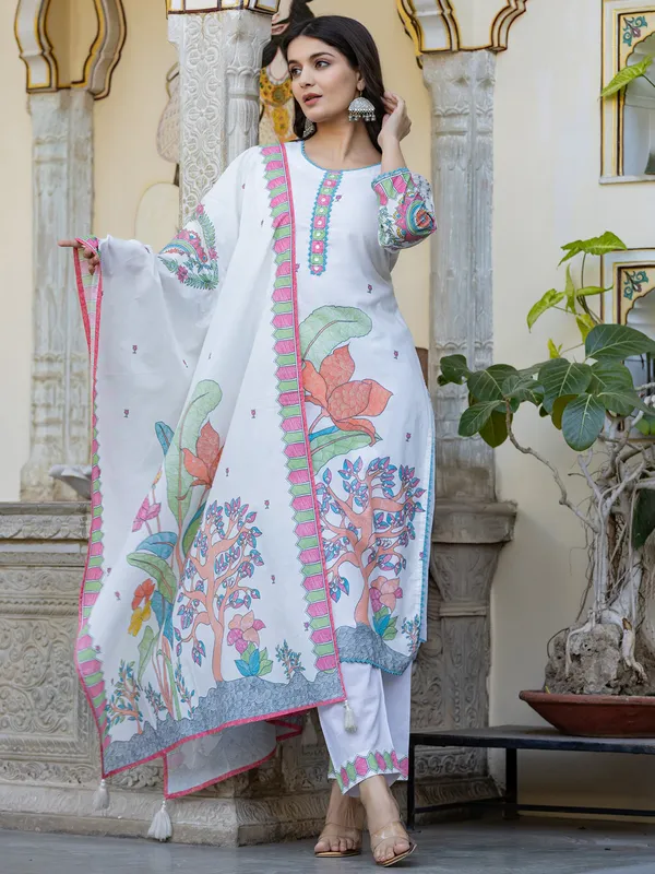 White printed silk kurti set for festival