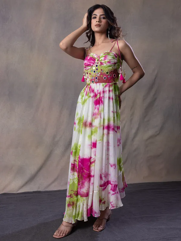 White printed soft silk designer suit