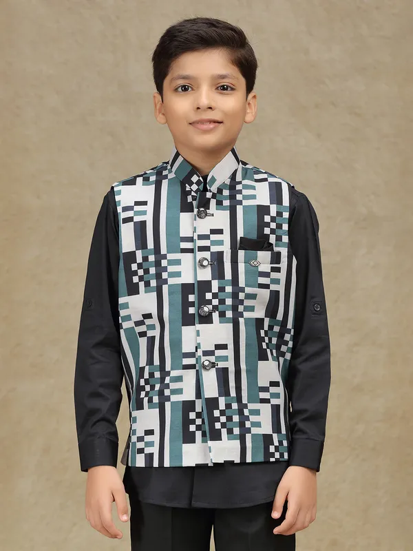 White printed terry rayon waistcoat for boys