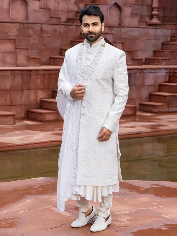 White raw silk peshwai style sherwani for groom