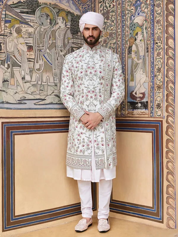 White raw silk sherwani for groom