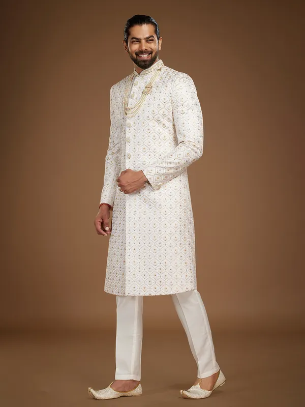 White silk floral embroidery sherwani