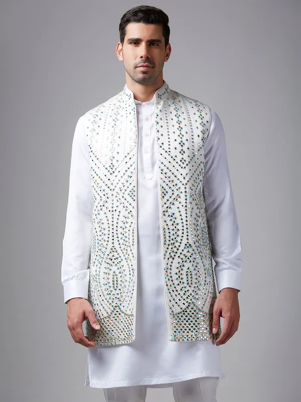 White silk mirror work waistcoat set