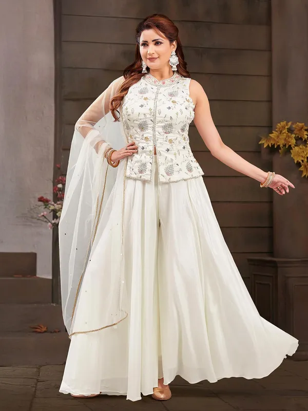 White silk palazzo suit with sequins work