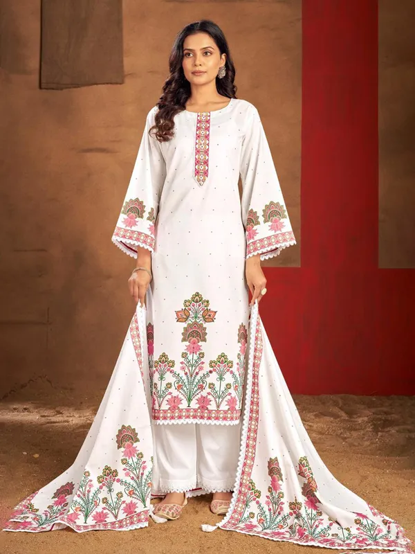 White silk printed kurti set with dupatta