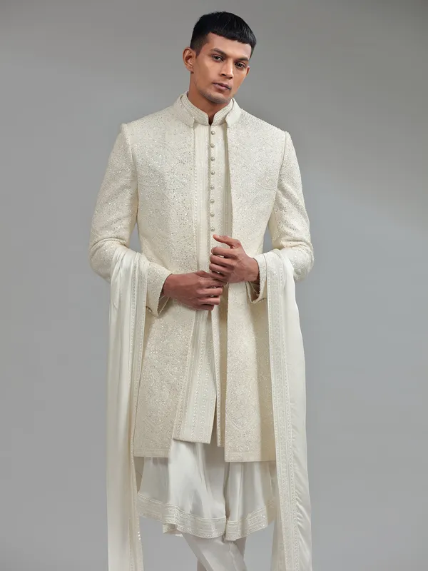 White silk sherwani with dupatta