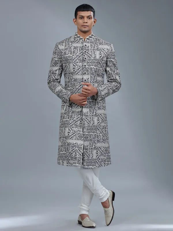 White silk sherwani with multicolor embroidery