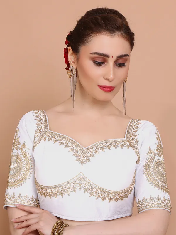 White silk embroidered elbow sleeves ready made blouse