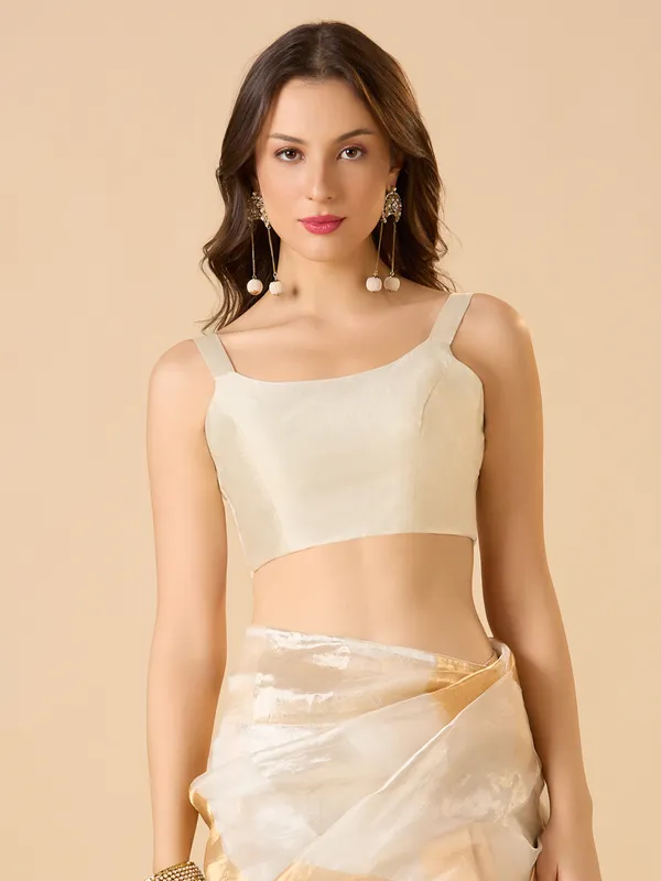 White sleeveless solid ready made blouse with round neck