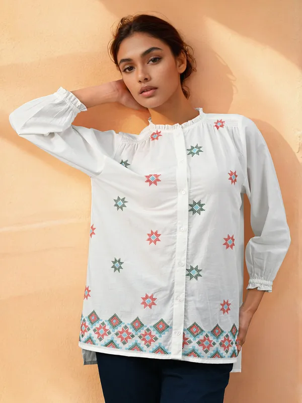 White thread work top in cotton