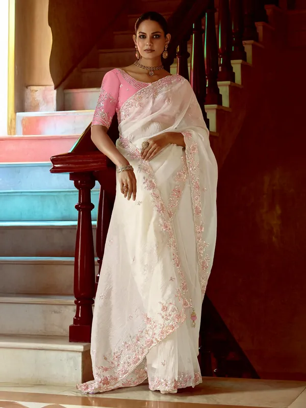 White tissue silk saree with resham work for festive