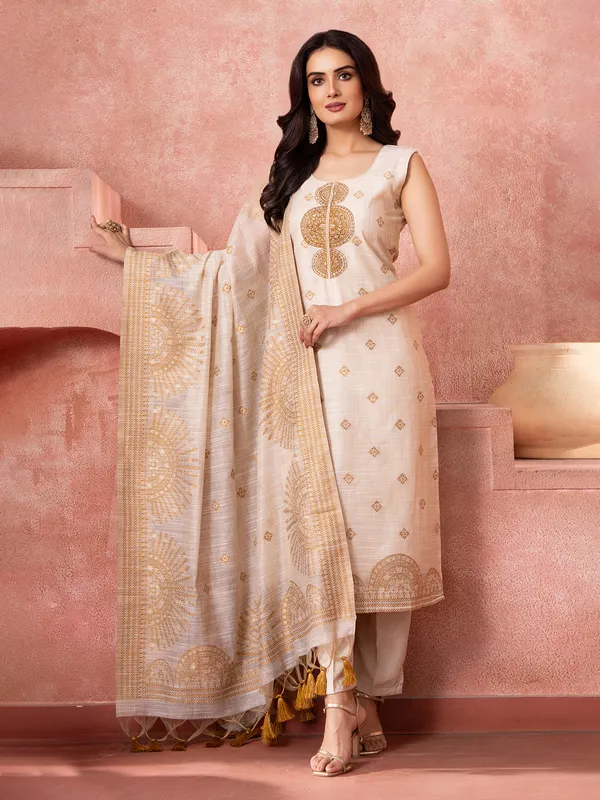 White zari worked silk straight cut salwar suit