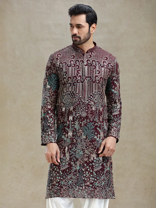 Wine artisanal embroideried kurta salwar set