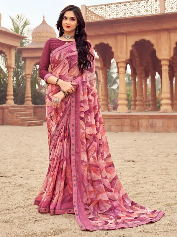 Wine chiffon printed saree