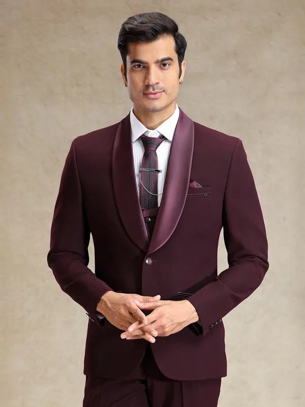 Wine classy polyster coat suit for reception wear