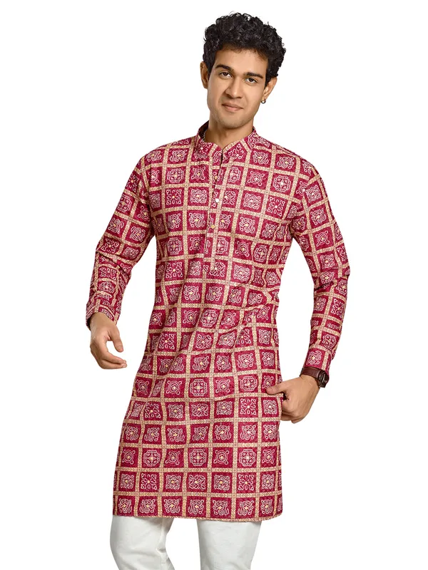 Wine colour printed kurta for men