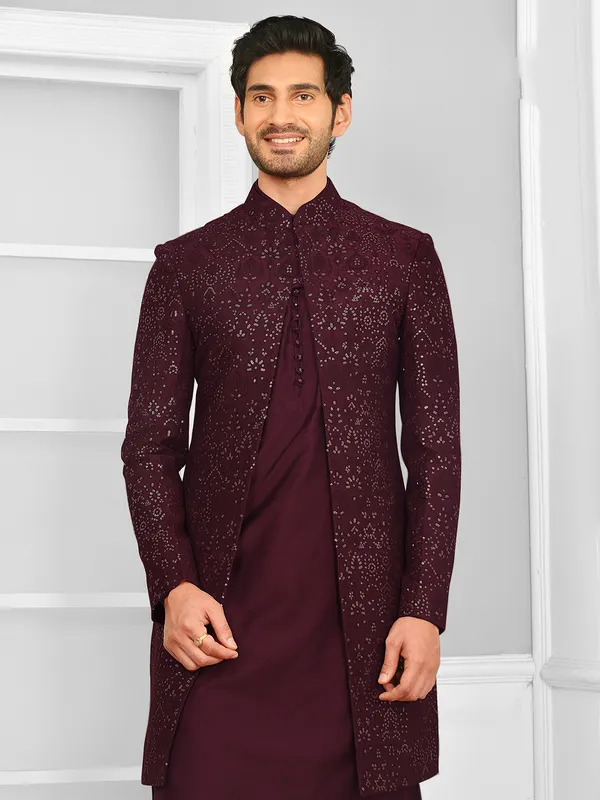 Wine colour wedding wear indo-western for mens