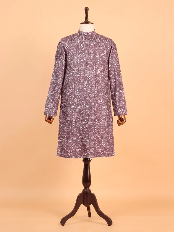 Wine cotton kurta suit with print