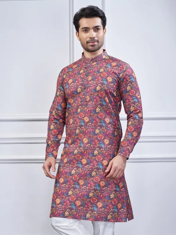 Wine cotton printed kurta suit for festive wear