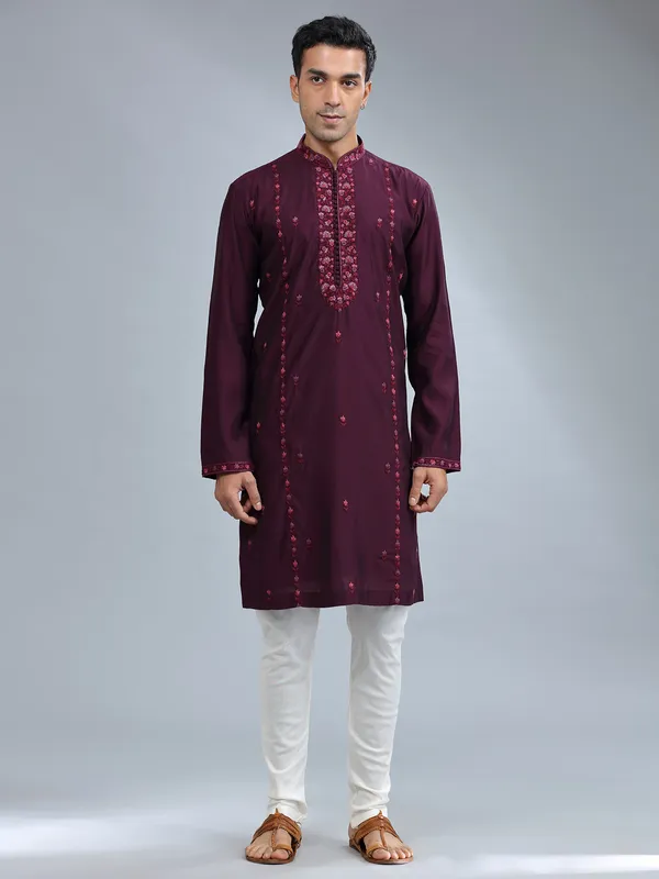 Wine cotton silk embroidery kurta pajama