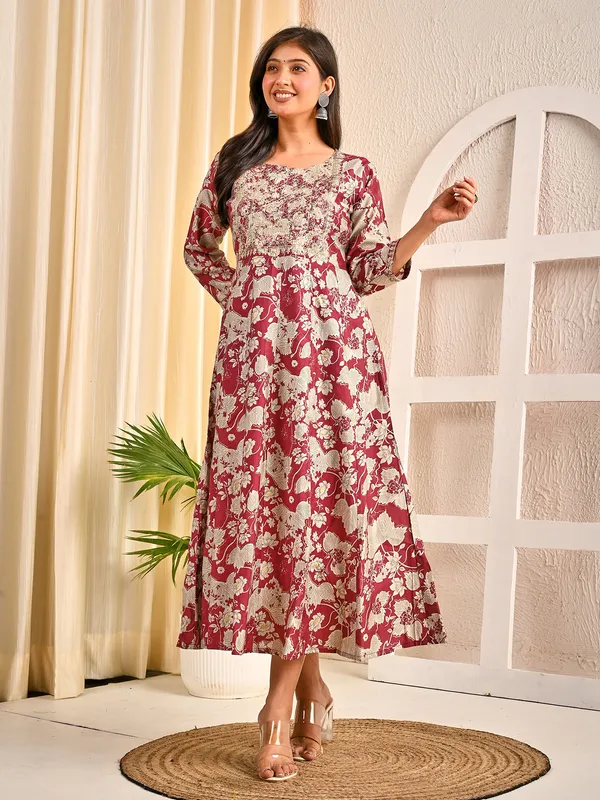Wine cotton silk floral printed yoke embroidered kurti